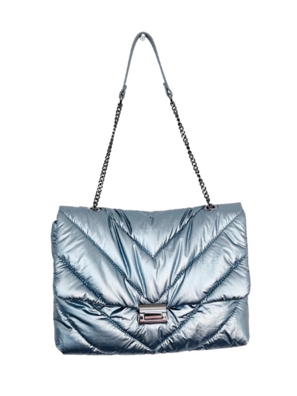 Zara Metallic Light Blue Quilted puffer shoulder bag with Silver Clasp Women’s